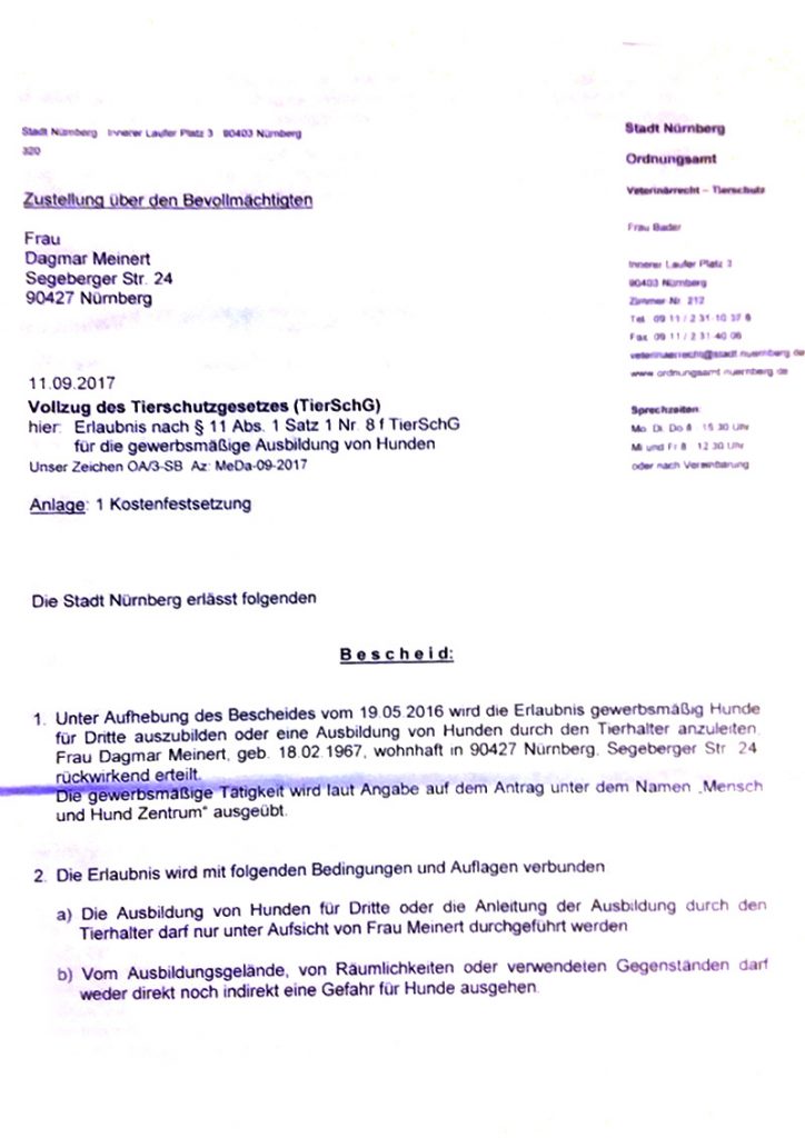 Berufserlaubnis Dagmar Meinert hundeschule nürnberg, Hundetrainer in Nürnberg, Fürth, Erlangen, Ansbach und Bayern